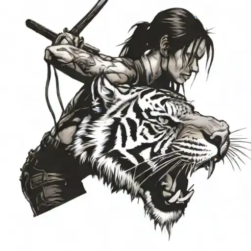 Lara Croft Wounded And Bleeding With A Tiger As Her Alter Ego
