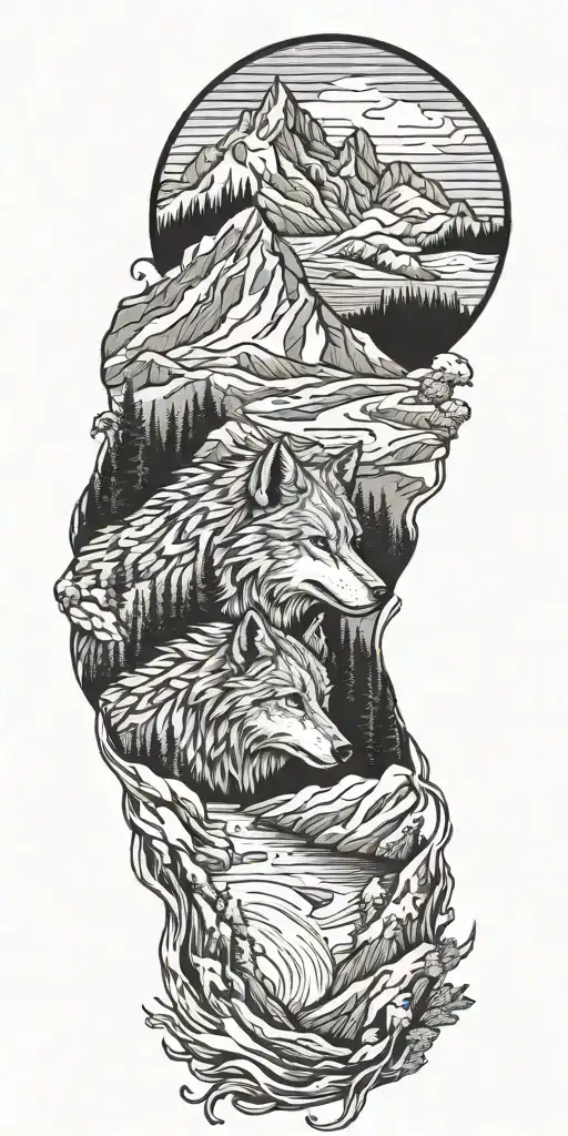 Mountains With A River Flowing Through And Wolf