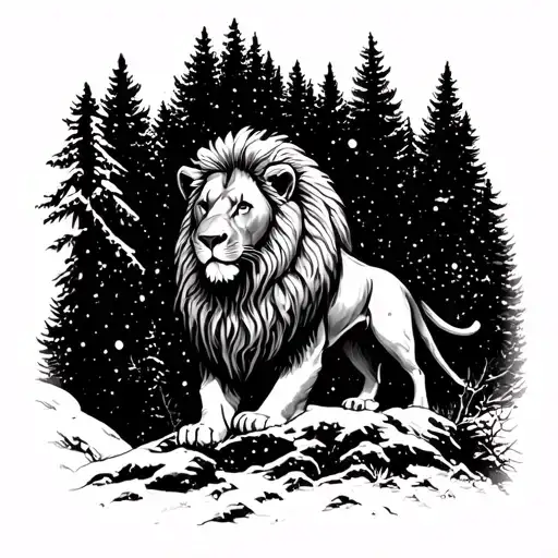 A Lion Hunting In A Snowy Forest