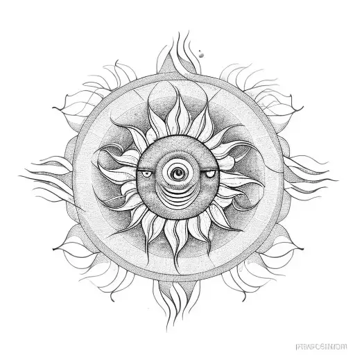 Simple Lined Sun With Spiral Centre And Rays That Turn Into Vines