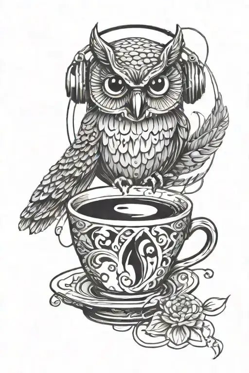 Owl With Earphones In A Cup Overflowing