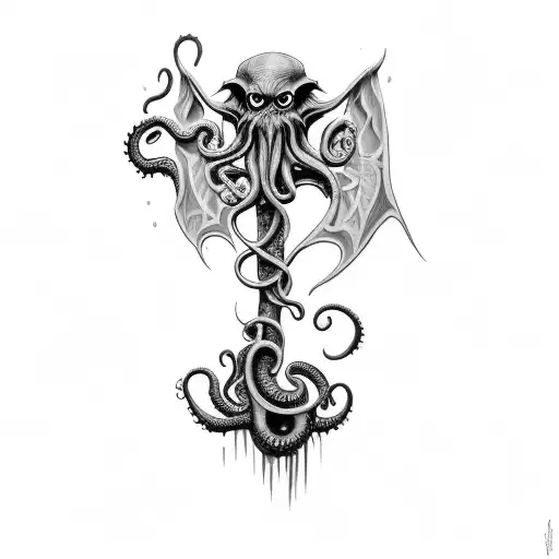 Full Shoulder Tattoo Of An Axe Inspired By Cosmic Horror And Cthulhu With Tentacle Background