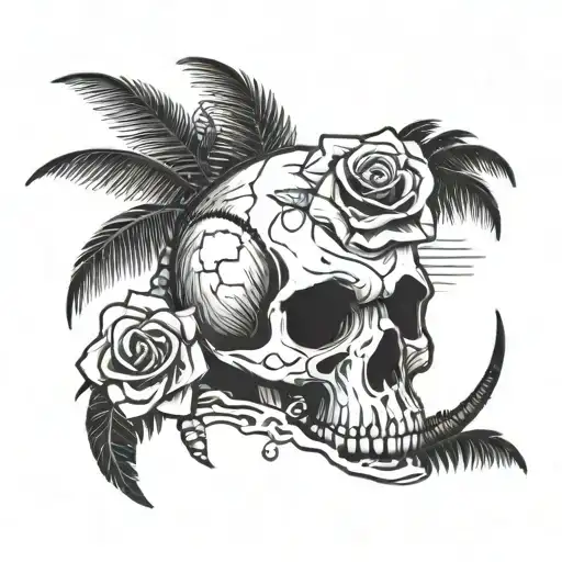 Skull And Rose On Beach With Palm Tree