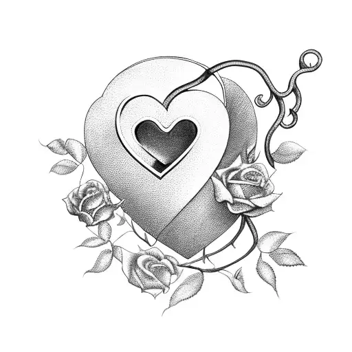 A Heart-shaped Lock And Key Intertwined With A Vine Of Roses