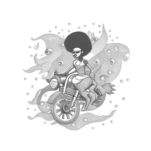 A Black Girl Riding A Motorcycle With A School Of Fish Following Behind