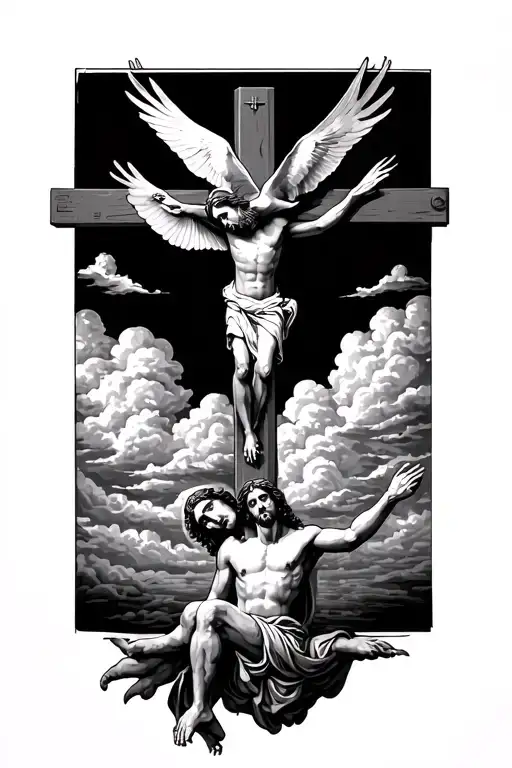 2 Doves Over Jesus Christ While He Is Overlooking A Cross With Clouds Behind Everything