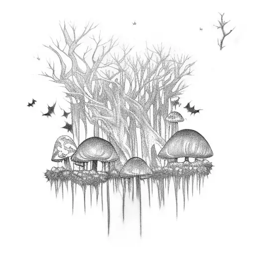 A Mystical Forest Scene With Bats Flying Among The Trees And Mushrooms Growing On The Forest Floor