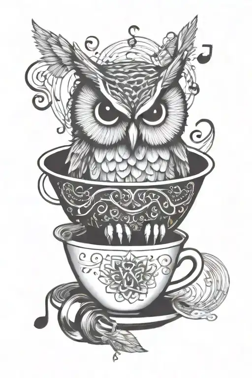 Owl With Earphones In A Cup Surrounded By Musical Notes