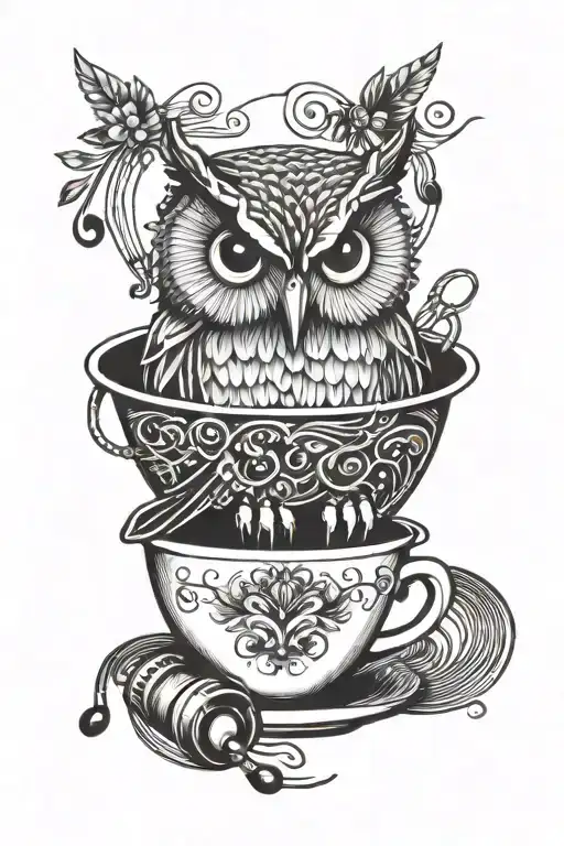 Owl With Earphones In A Cup Surrounded By Musical Notes
