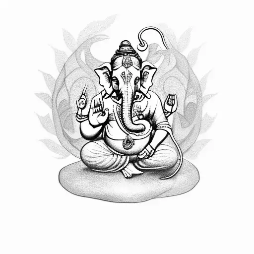 Ganesh With A Rat And 3 Lotus Flowers