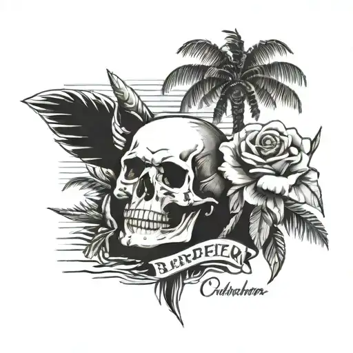 Skull And Rose On Beach With Palm Tree And That Says North Narrabeen Boardriders 60Th