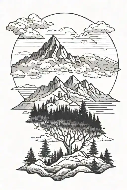 Forrest With Cloudy Mountain Background Black