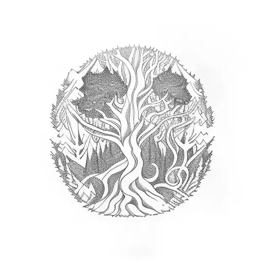 A Mystical Forest Scene With Spiritual Symbols Intertwined With The Trees And Animals