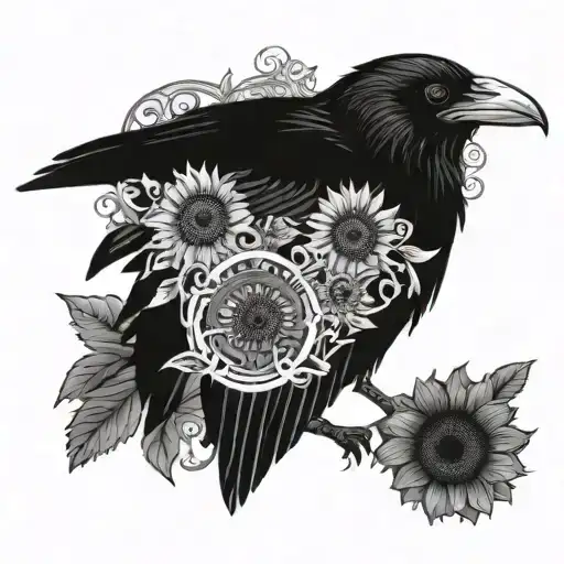 Raven Surrounded By Sunflowers And Intricate Scrollwork
