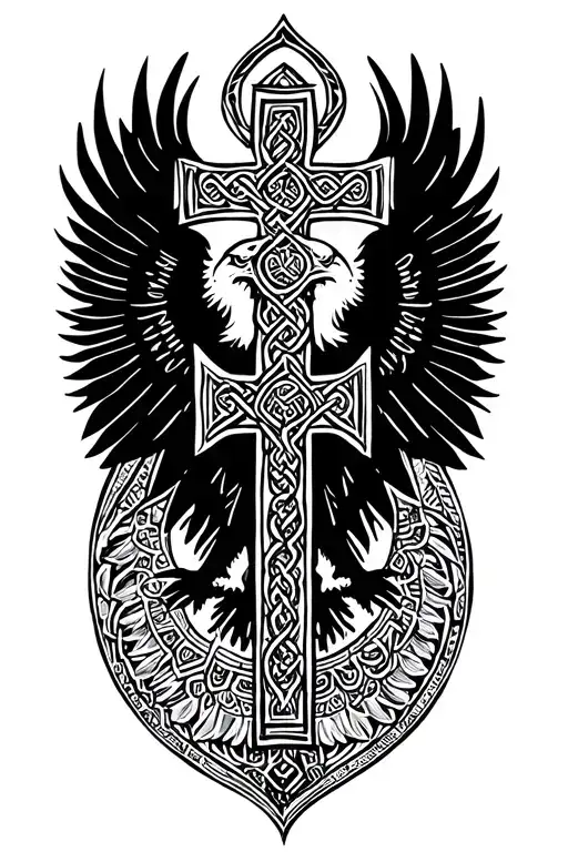Celtic Cross And Silhouette Of Aztec Eagle Intertwined