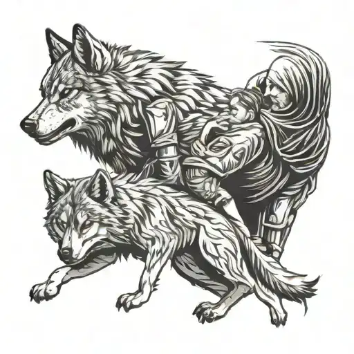 Man Protecting Two Kids From A Large Wolf