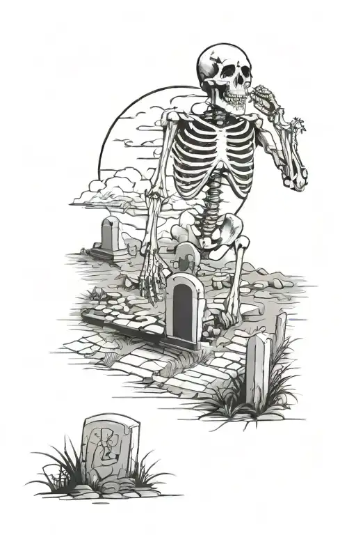Cemetery With A Skeleton Coming Out Of The Dirt