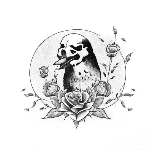 Crow On A Skull With Roses Coming Out It's Mouth