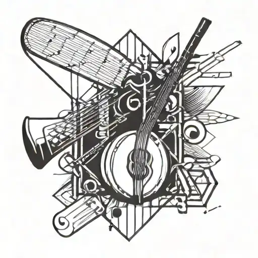 A Geometric Design Incorporating Musical Notes And Cricket Equipment