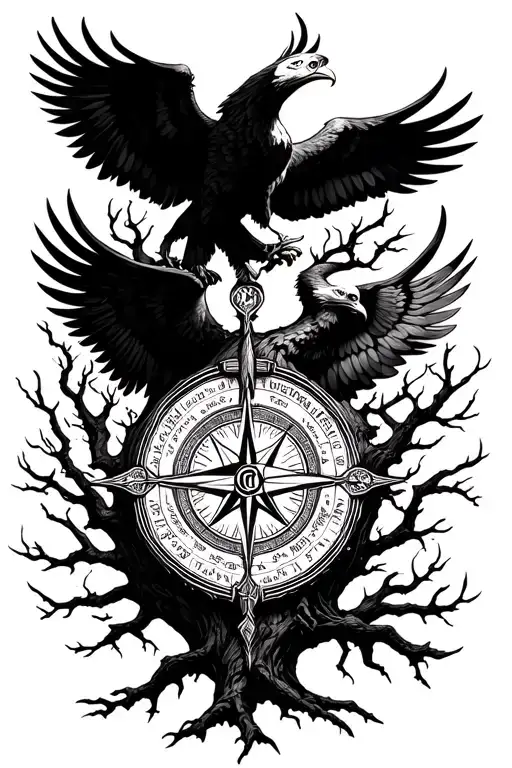 Vegvisir Viking Compass On A Tree Of Life Surrounded By Wings Of Eagles