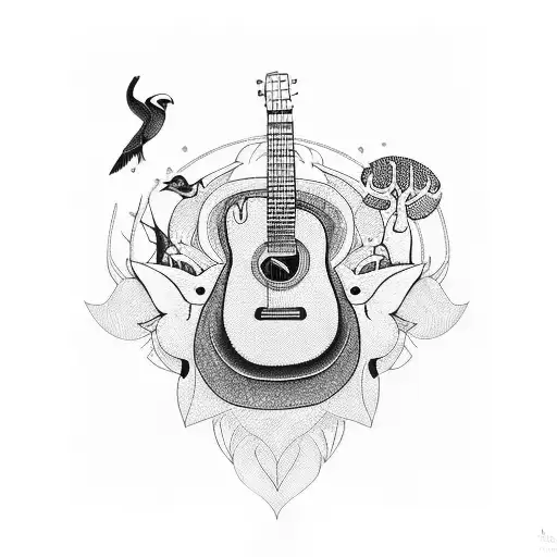 A Detailed Blackwork Tattoo Of A Guitar Surrounded By A Variety Of Animals In A Nature Setting