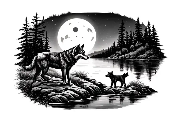 Wolf And Wolf Cub On The Edge Of A River And The Full Moon