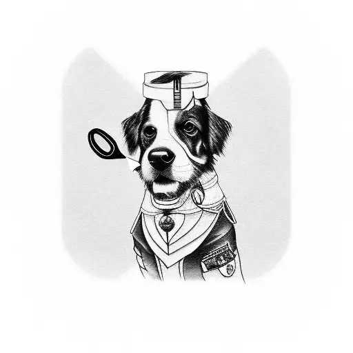 A Blackwork Tattoo Of A Dog Wearing A Depilation Master's Uniform And Holding Grooming Scissors