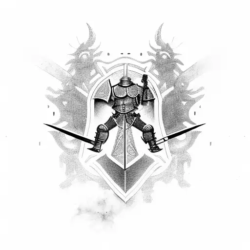 A Tattoo Design Featuring A Medieval Knight In Full Armor Wielding A Futuristic Laser Gun