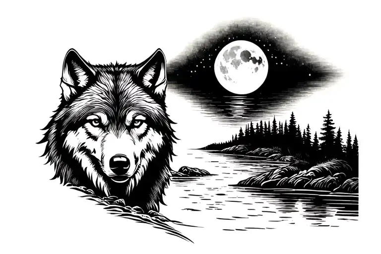 Wolf On The Edge Of A River And The Full Moon