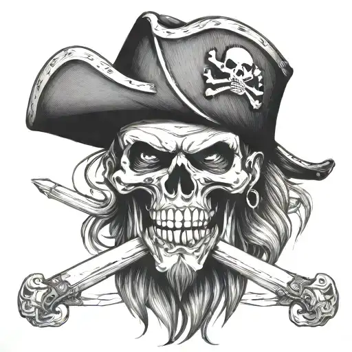 Human Pirate With Black Skull And Bones Hat With A Cutlass In Mouth Facing Forward