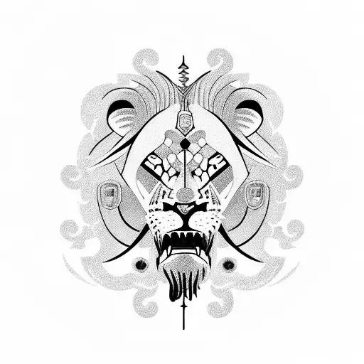A Futuristic Lion With Circuitry Patterns Integrated Into Its Mane And A Sword In Its Mouth