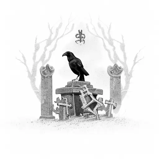 A Haunting Graveyard Scene With A Raven Perched On A Tombstone