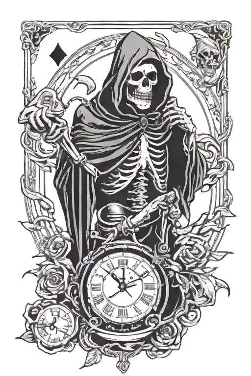 A Grim Reaper Tattoo With Elements Of Poker Cards And An Hourglass Clock