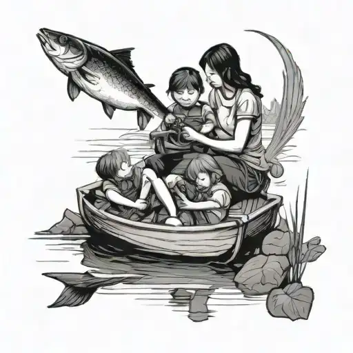 A Mother Fishing With Her Children On A Serene Lake
