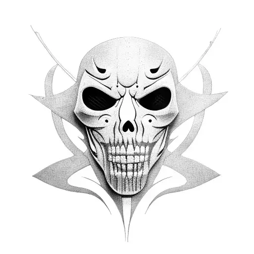 A Surreal Blackwork Tattoo Of A Guitar Transforming Into A Hollywood Undead Mask