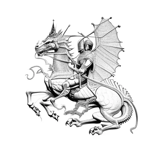 Saint George On Top Of His Horse Striking Dragon Front View