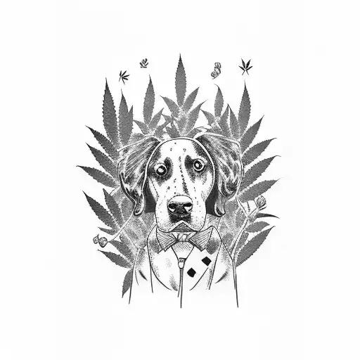 A Blackwork Tattoo Of A Dog Playing In A Garden Filled With Cannabis Plants