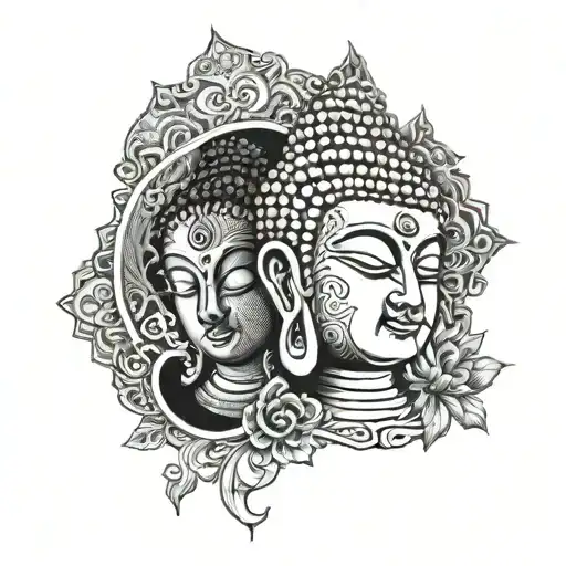 Hindu Buddha With Half Faced Horror Movie Characters