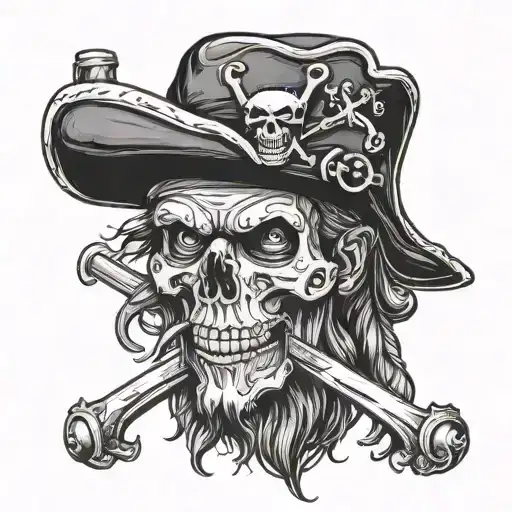 Pirate With Black Skull And Bones Hat With A Dagger Or Sword In His Mouth