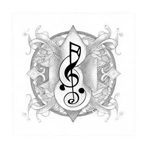 A Blackwork Tattoo Of A Music Note Intertwined With An Anime Character
