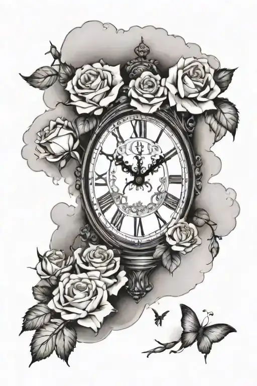 Clouds Surround Old Clock With Roses