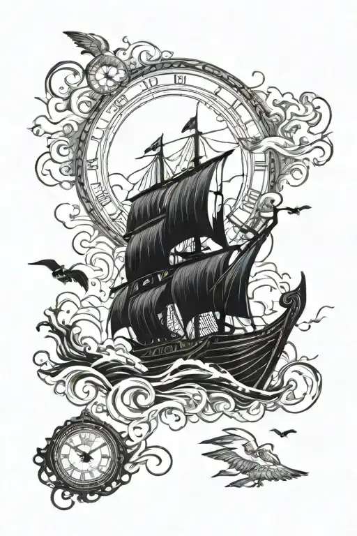 Viking Ship Sailing Through Storm With Lighting And Norse Clock With Crows Flying