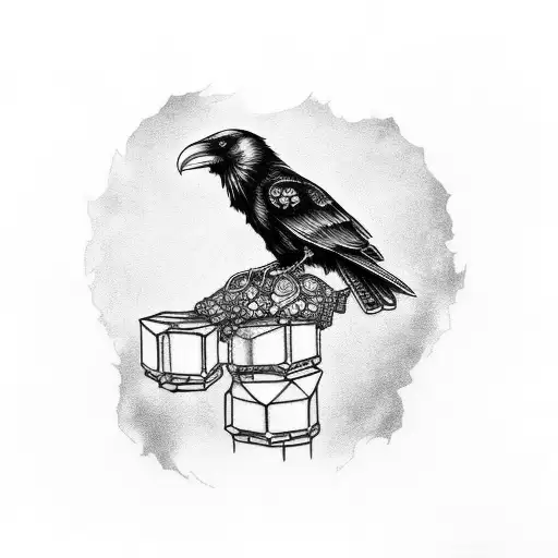 A Raven Perched On A Stack Of Jeweled Skulls