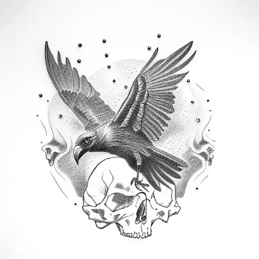 A Raven Perched On A Stack Of Jeweled Skulls