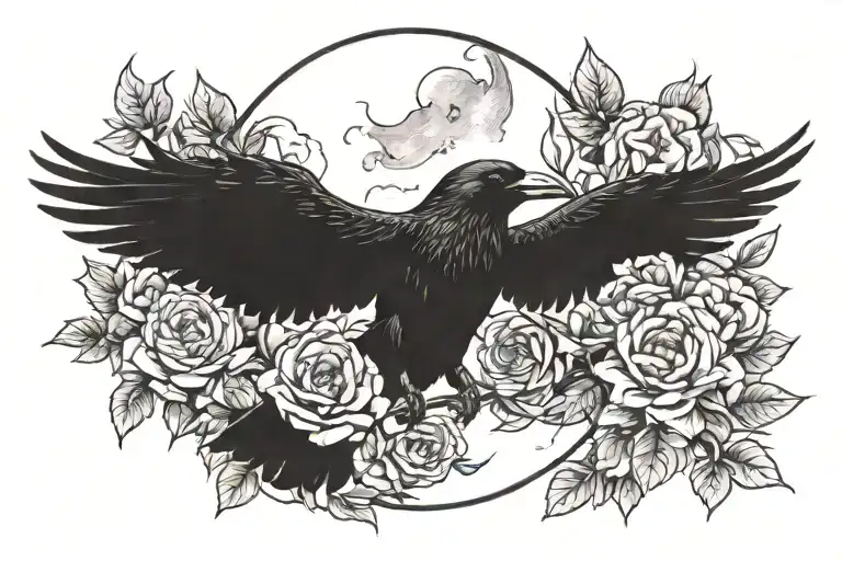 A Crow Coming To A Stop With A Moon Above And Pionies Next To The Wings