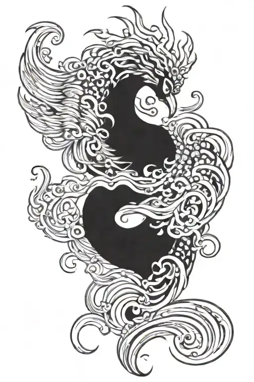 A Phoenix Rising From The Water With Intricate Japanese Wave Patterns