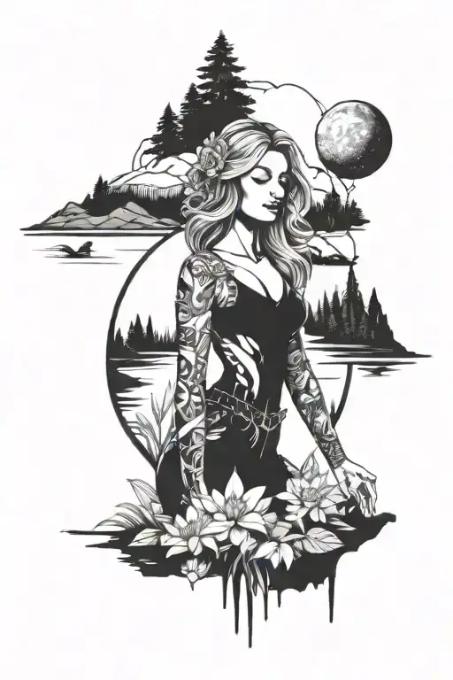 Cosmic Female Counselor Surrounded By Nature And Lakes