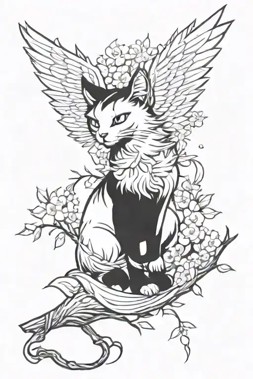 Anime Cat With Wings Resembling A Phoenix On A Sakura Branch For Males
