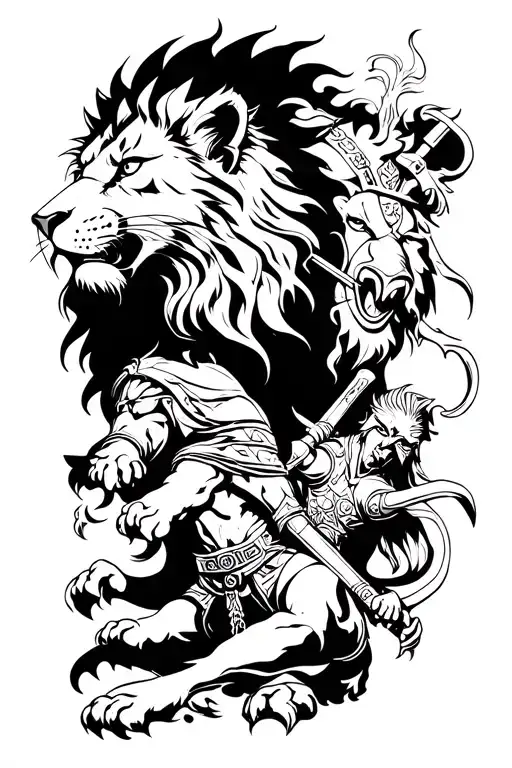 Combine A Lion And A Warrior In A Fierce Battle Scene