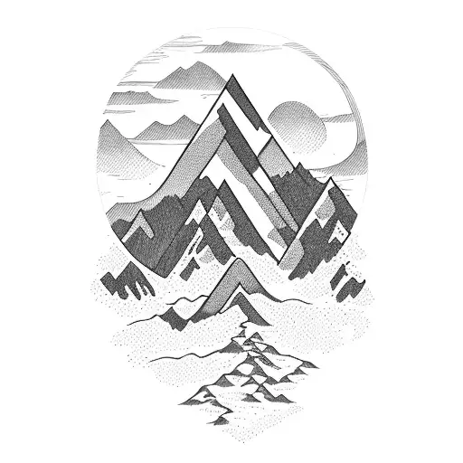 A Blackwork Tattoo Of A Mountain Landscape With A Winding Trail Leading Up To A Summit